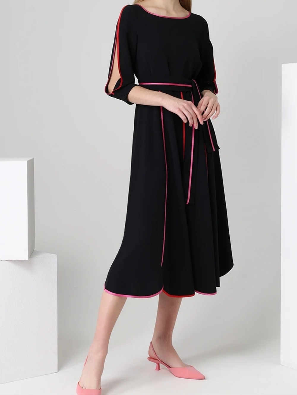 Beatrice Italy Paneled Fit and Flare Midi Dress Sz 0 Black